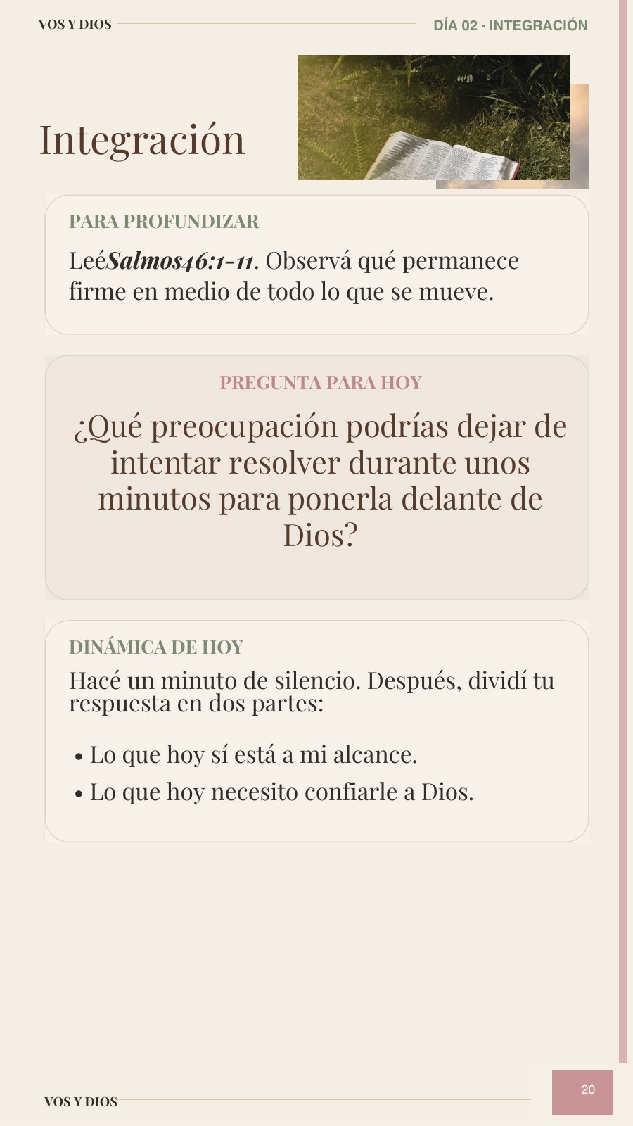 Página 20 real del devocional Vos y Dios: integración del día 2