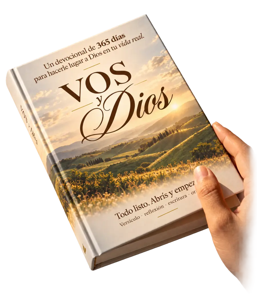 Mockup recortado del devocional Vos y Dios sostenido por una mano